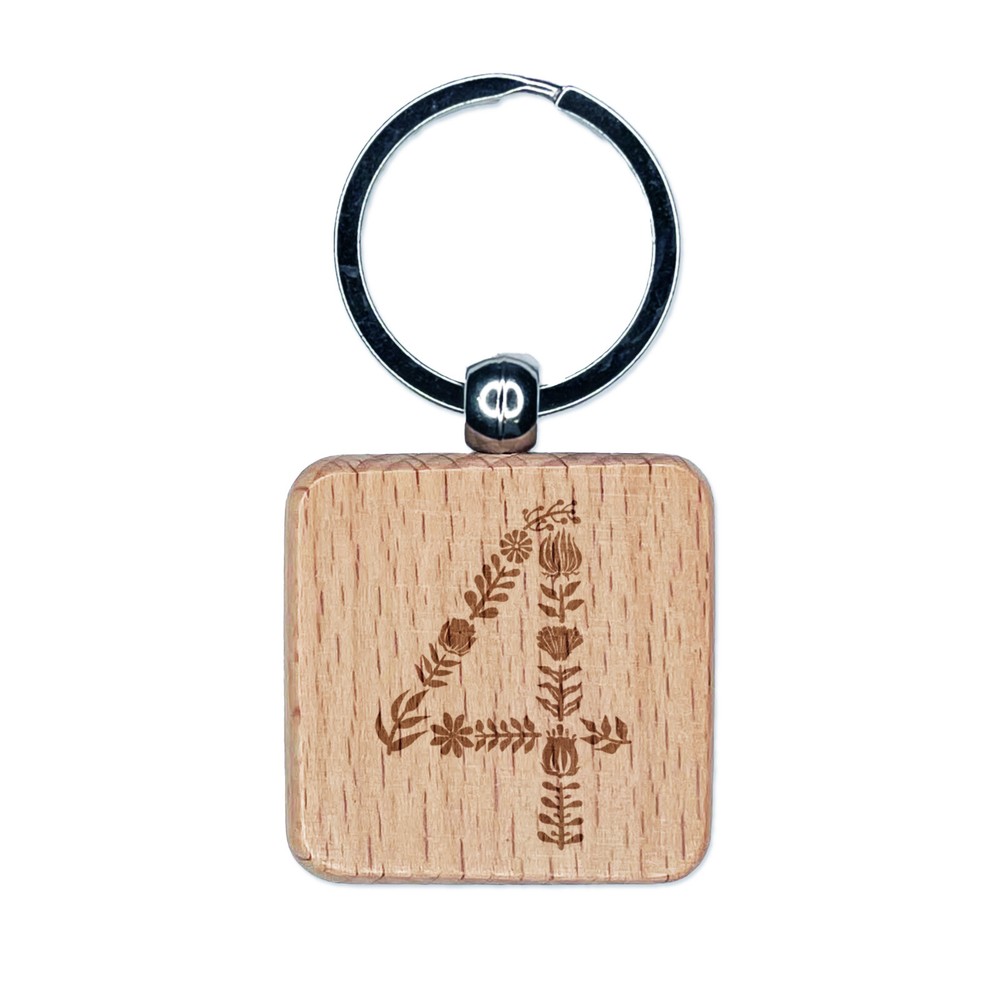 Elegant Botanical Floral Number 4 Engraved Wood Square Keychain Tag Charm