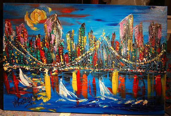 SKYLINE NYC IMPRESSIONIST CANVAS ORIGINAL OIL  PAINTING - POP ART FGN