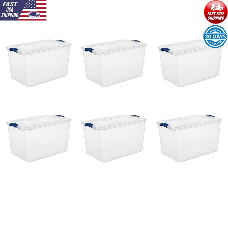 66Qt. Stadium Blue Plastic Latch Box Set of 6 Stackable Storage Solution New