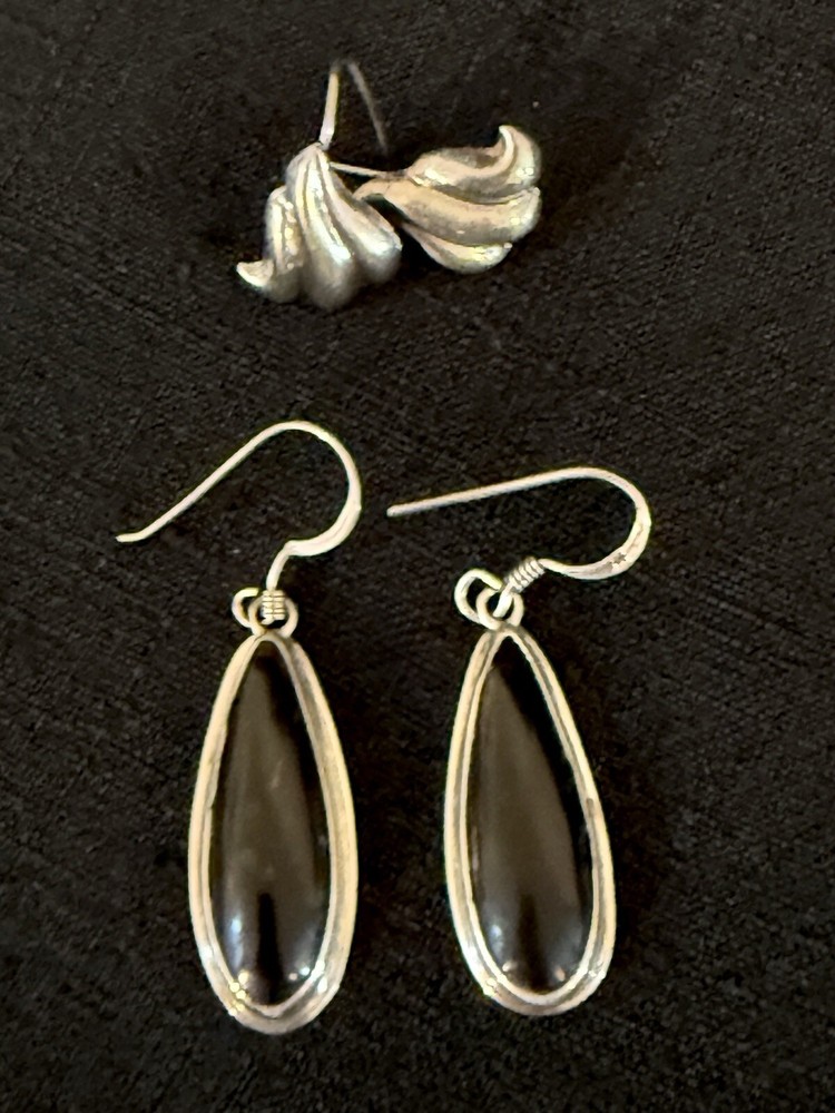 Lot Of Two Pair 925 Sterling Silver & Onyx Earrings