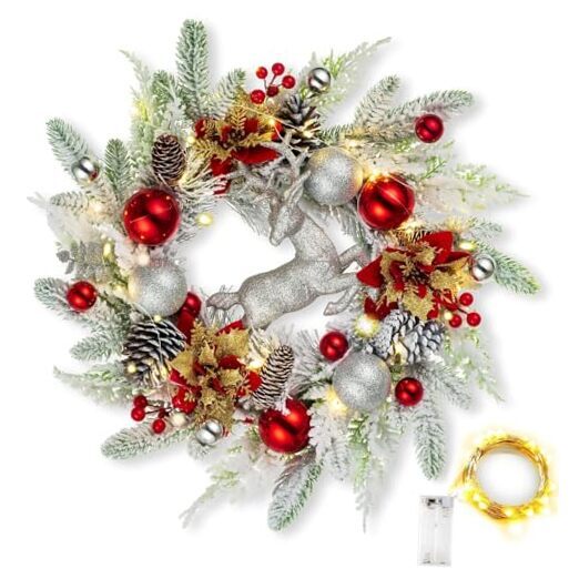 Christmas Wreath Front Door with Lights Indoor -  Flocked Xmas Silver Reindeer