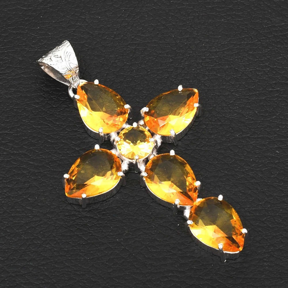 Citrine Gemstone Handmade Cross Pendant Jewelry Gift for Women 2.6 Inches AP-36317