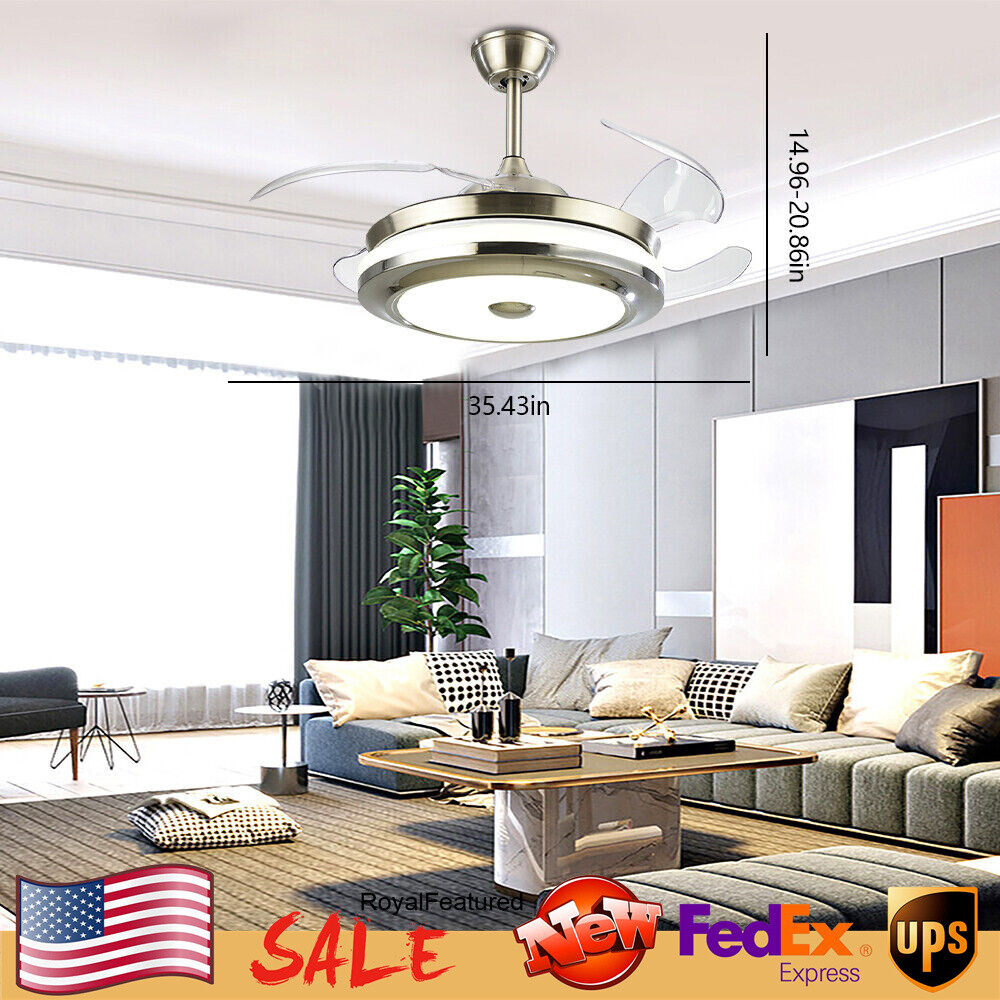 36 Inch Retractable Blade Ceiling Fan with LED Light and Remote Control  
