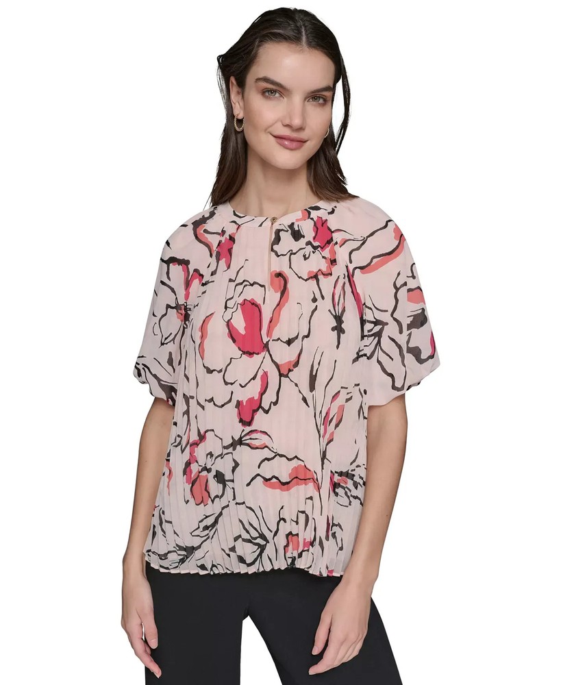 KARL LAGERFELD PARIS Women's Top Sz L Printed Chiffon Pleated