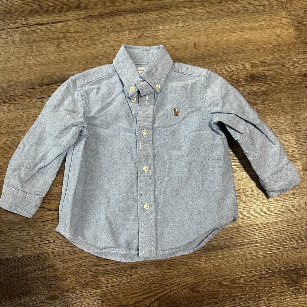 Ralph Lauren Boys 12 Months Long Sleeve Button Down Blue Cotton Collared Shirt