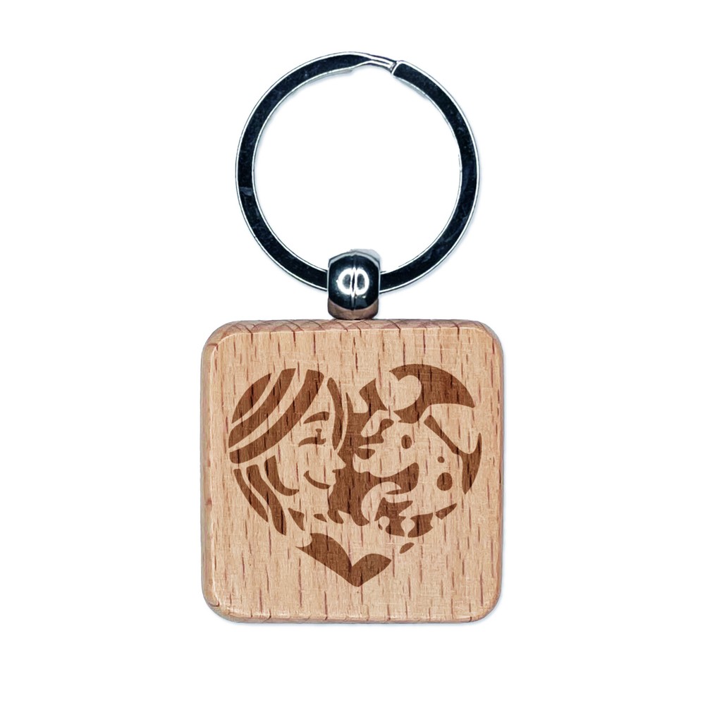 Woman with Dog Puppy Pet in Heart Engraved Wood Square Keychain Tag Charm
