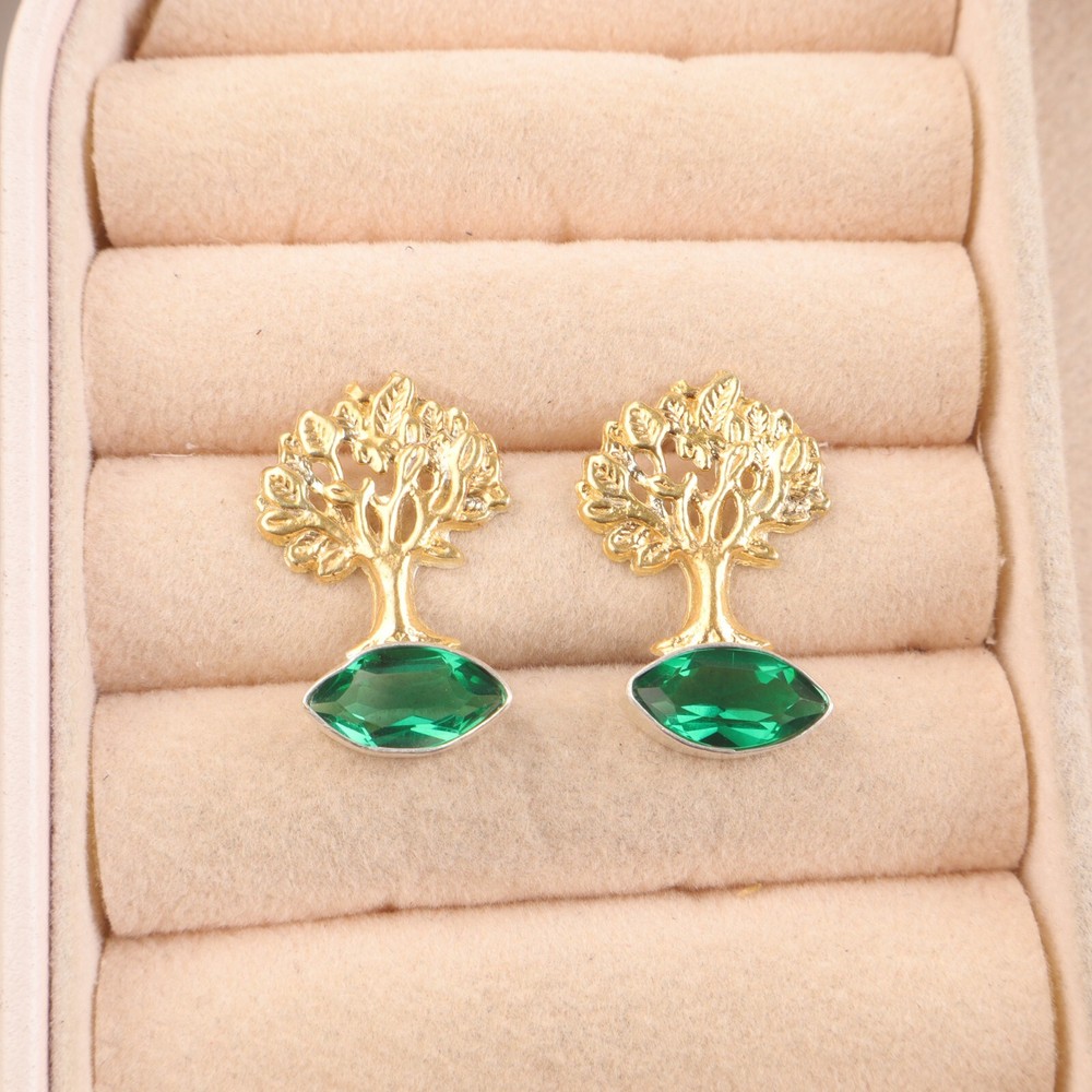 Sterling Silver Emerald Gemstone Boho Drop Wedding Earrings