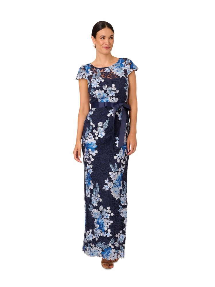 ADRIANNA PAPELL Womens Navy Lined Self-tie Sash Cap Sleeve Formal Dress 2