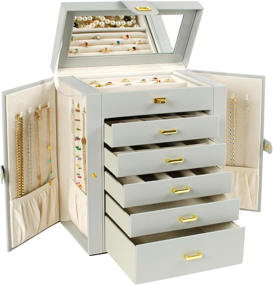 Large Jewelry Box Organizer Functional Lockable with Big Mirror, Leather