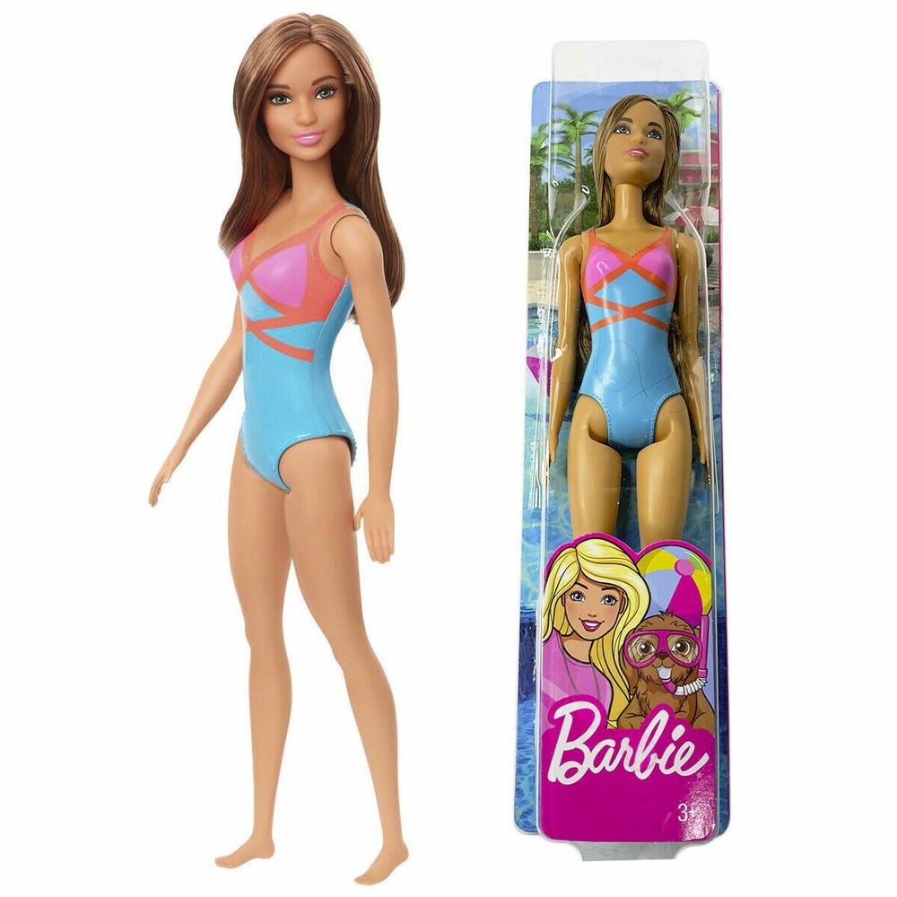 NEW BARBIE FRIEND TERESA BRUNETTE MATTEL BEACH DOLL WITH BLUE SUIT SWIMWEAR 12