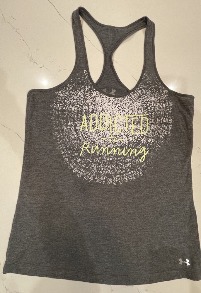 Under Armour Women’s Grey Racerback Tank Top Size “Addicted To Running”