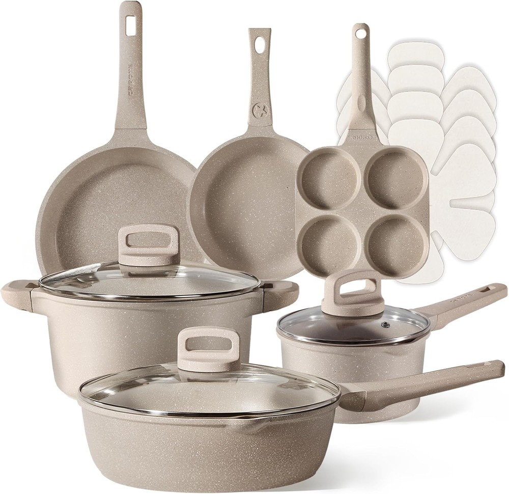 CAROTE 13-Piece Non-Stick Kitchen Pots and Pans Set in Taupe for Effortless Cooking and Stylish Kitchens