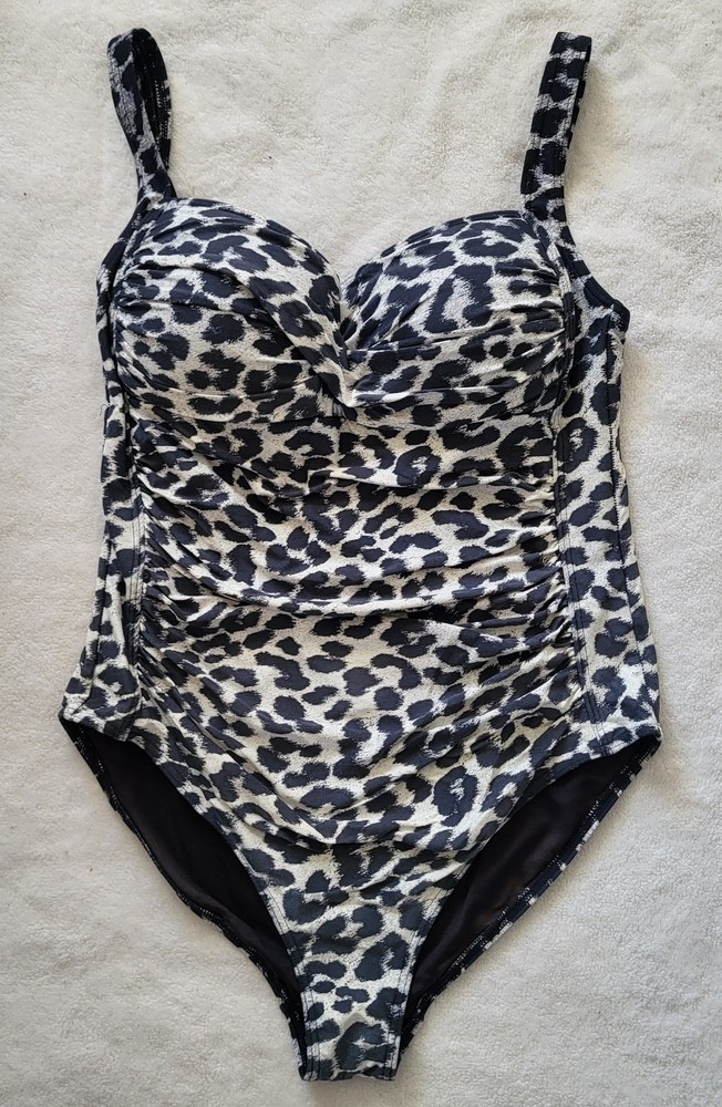 NIP TUCK Women's 1-Piece Swimsuit Leopard Print Sz 10 Black/White Multi Fit Cup
