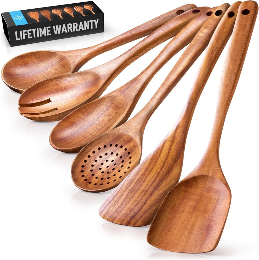 Zulay Kitchen 6-Piece Smooth Teak Brown Wooden Cooking Spoons Set