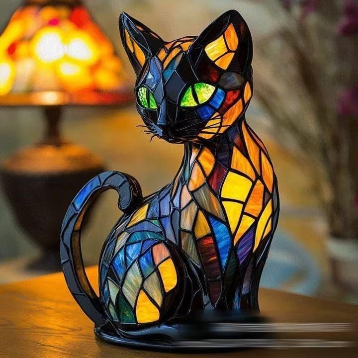 Cat Lamp,Retro Cats Stained Resin Cat Tabletop Night Light,Stained Animal Lam...