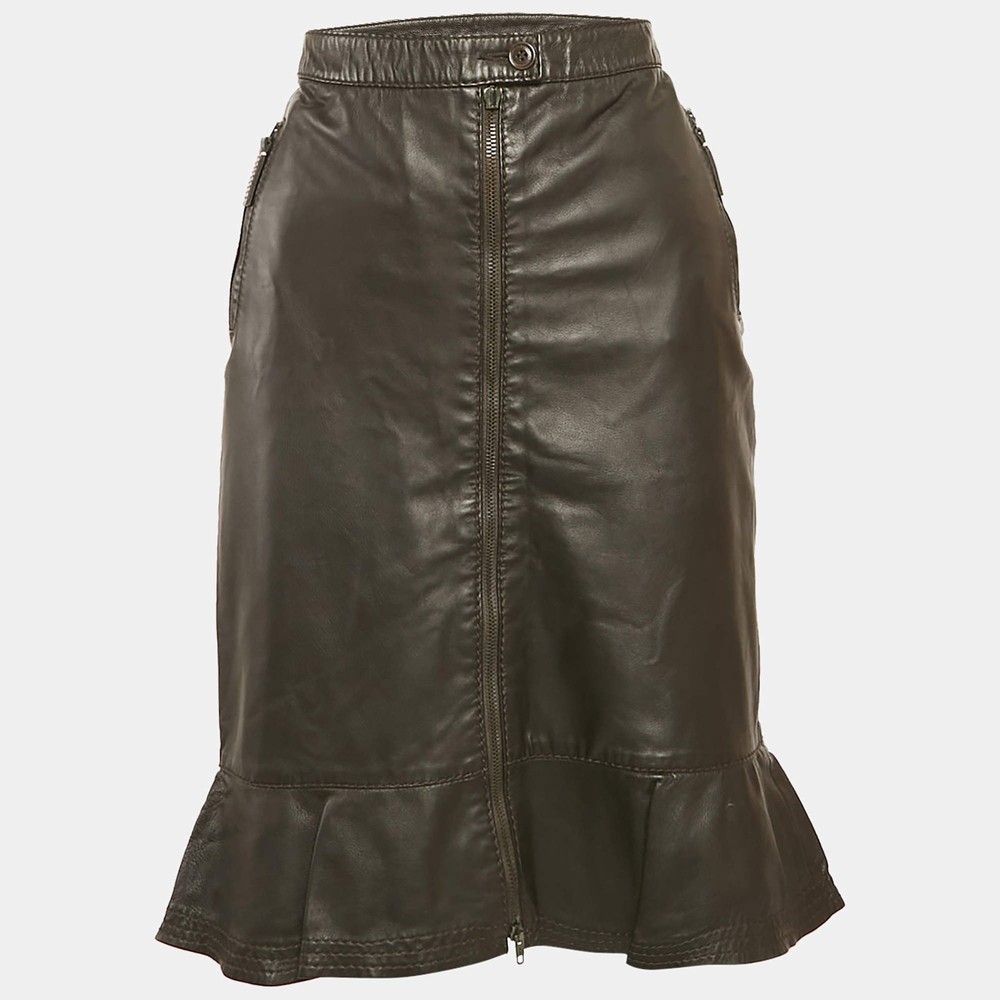 Moschino Brown Leather Flounce Hem Knee Length Skirt L