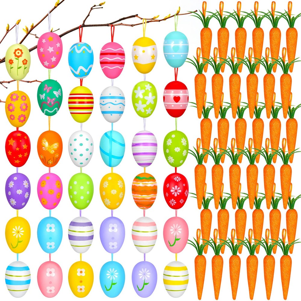 72 Pcs Easter Egg Ornaments and Carrot Hanging Ornaments Set Colorful Foam Ea...