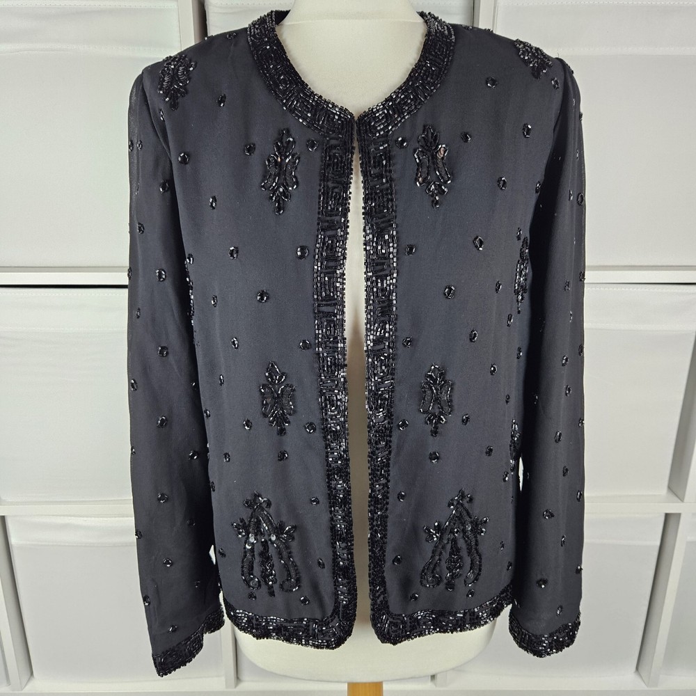 Canda Vintage Black Beaded Jacket Size 12 Long Sleeve Formal Party Occasion C&A