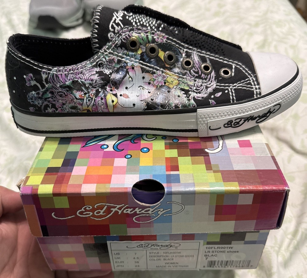 Vintage Ed Hardy Low Rise Rhinestone Slip-On Sneakers Womens Size 7 New Rare