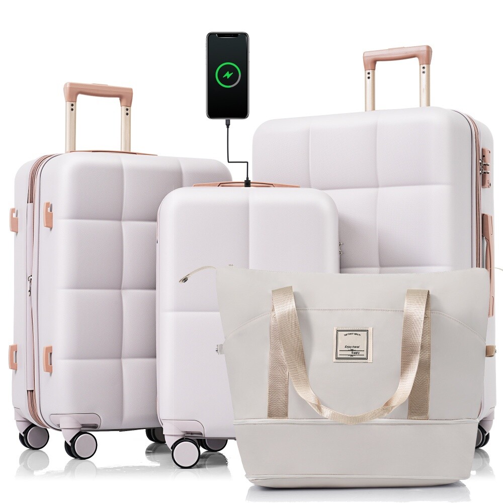 Luggage Sets 4 Piece, 20/24/28-inch with USB Port Travel Bag Cup Holder Wheels