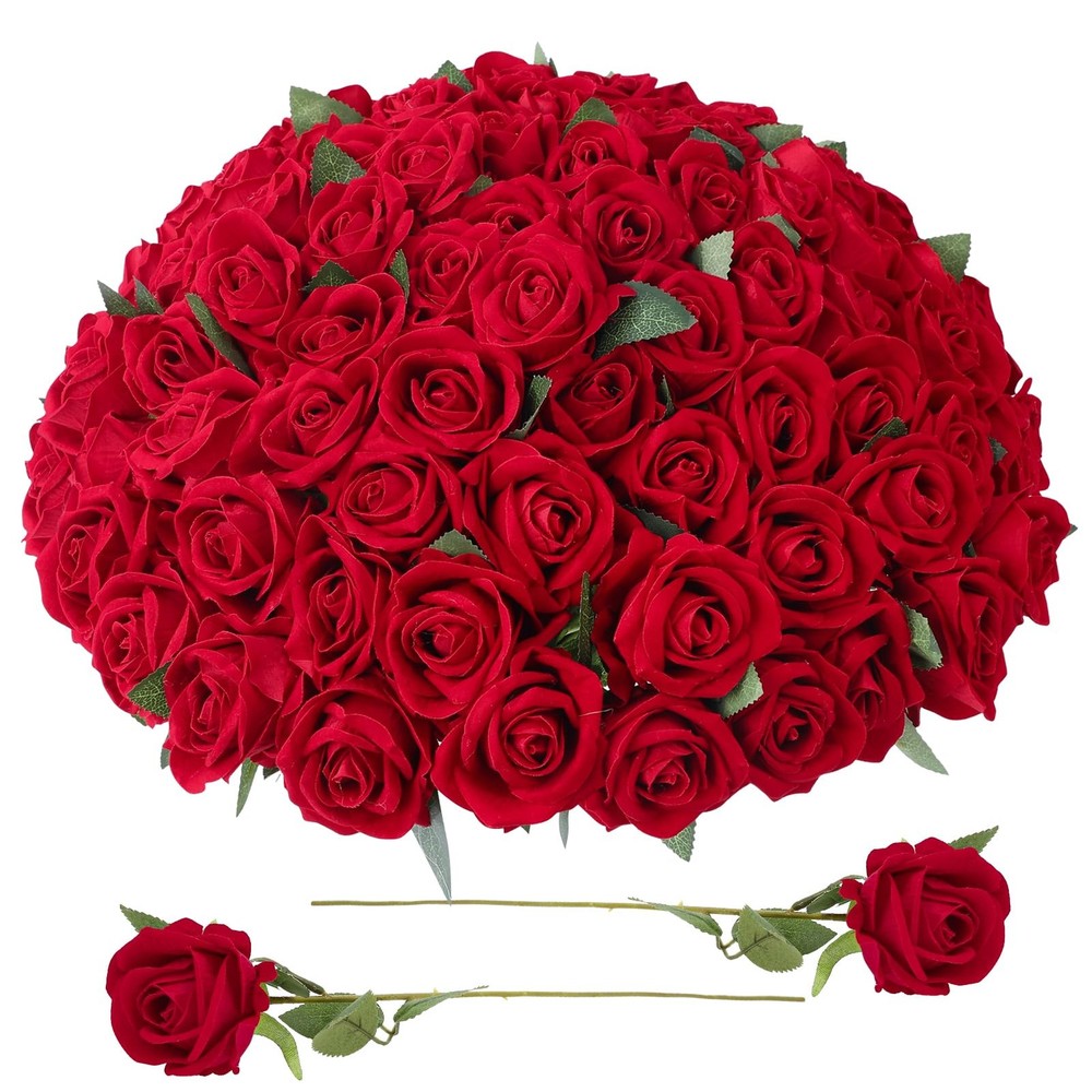 90 Pcs Red Velvet Rose Artificial Flowers, 51cm Silk Wedding Fake Silk Roses ...