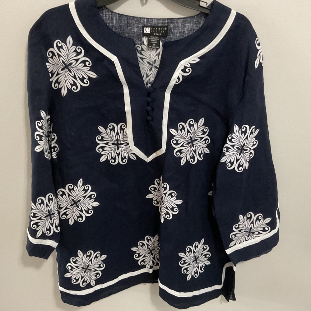 Womens Carole Little 100% Linen Coastal, Beach, 3/4 Sleeve Tunic Top, Size 1X