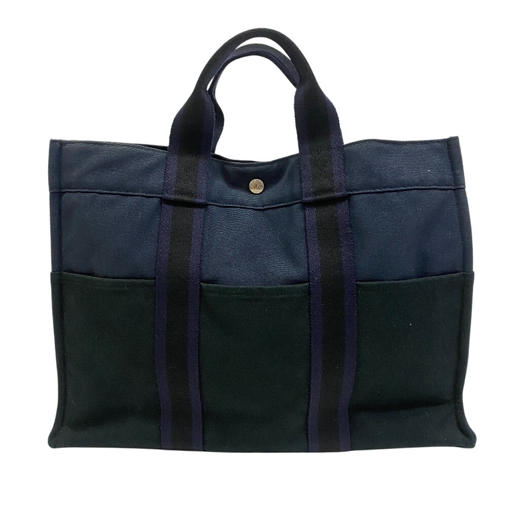 HERMES Foule Tote MM Bicolor Navy Canvas Leather Handbag Japan Pre-Owned