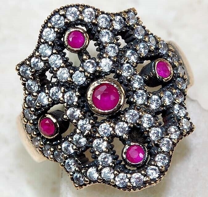 Vintage Ottoman-Style 2CT Treated Ruby Sterling Silver Ring Size 7