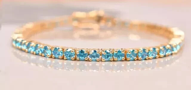 10Ct Rd Lab Created Blue Topaz Women's Tennis Bracelet 14K Yell Gold Plated 7.5