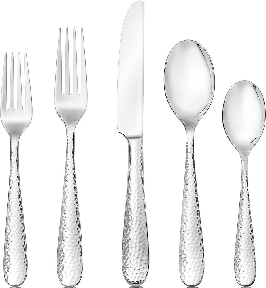 Hudson Essentials 60-Piece Hammered 18/10 Stainless Steel Silverware Set,Utensil
