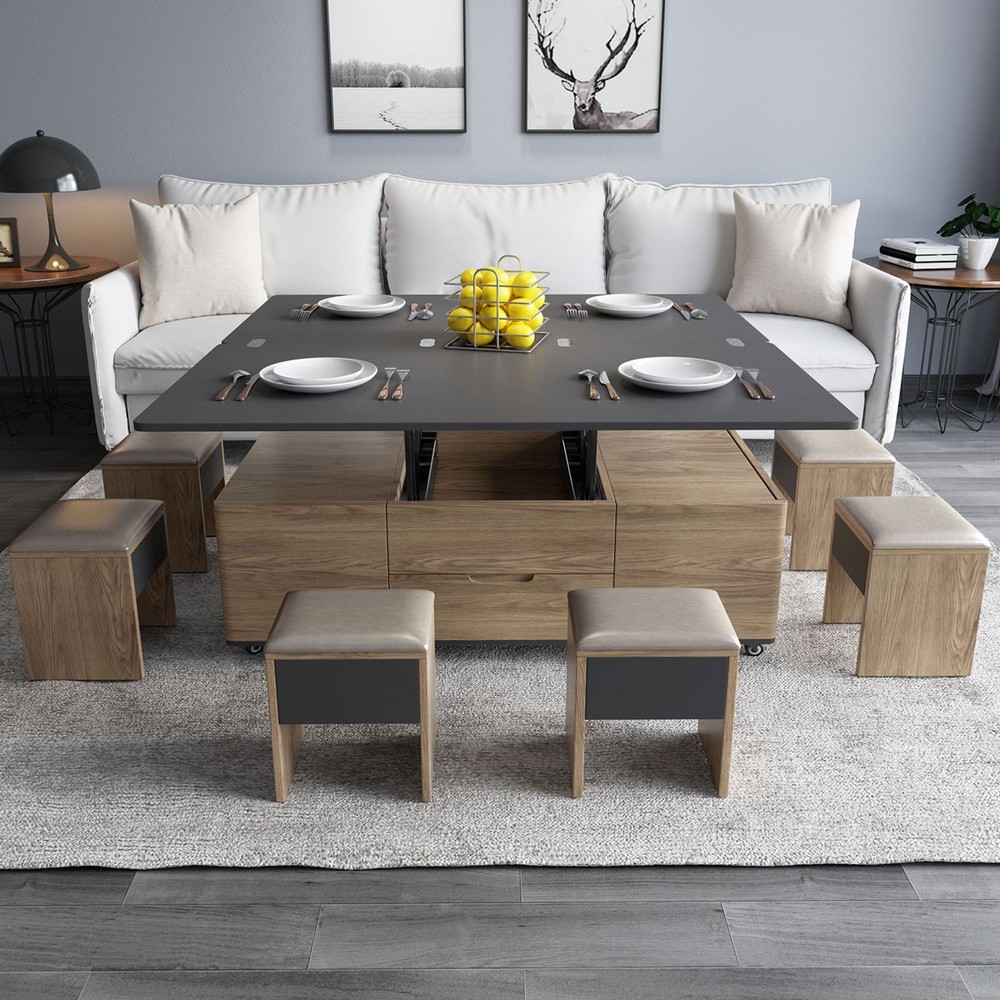 3 in-1 Multi-Function Lift Top Coffee Table Dining Table with 4 Stools Grey