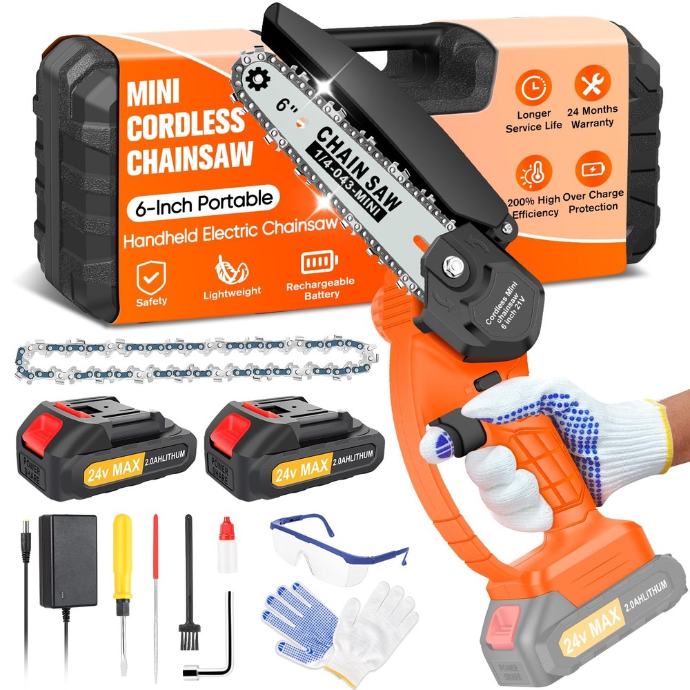 6-Inch Cordless Mini Chainsaw - Portable Electric Handheld Saw with 2 Batteries