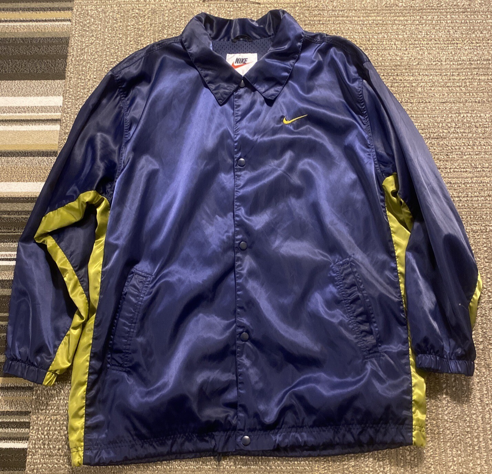 VTG 90's Nike Coach’s Jacket Mens L Satin Windbreaker Navy/Gold Y2K Retro Sports