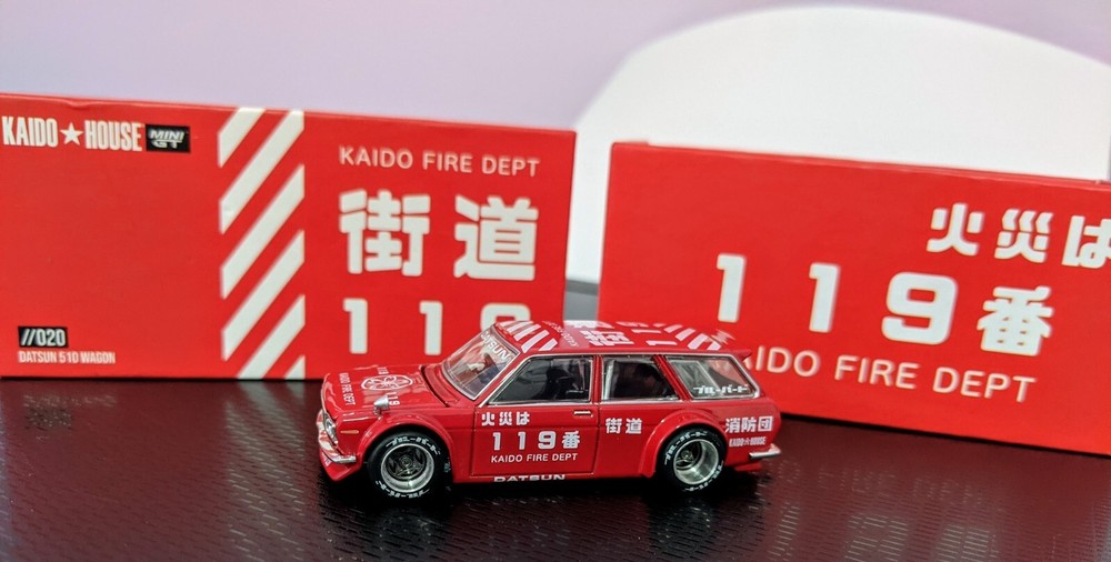 MINI GT DATSUN 510 WAGON KAIDO HOUSE FIRE DEPT. RED 1:64 Christmas Sale $35.00-image
