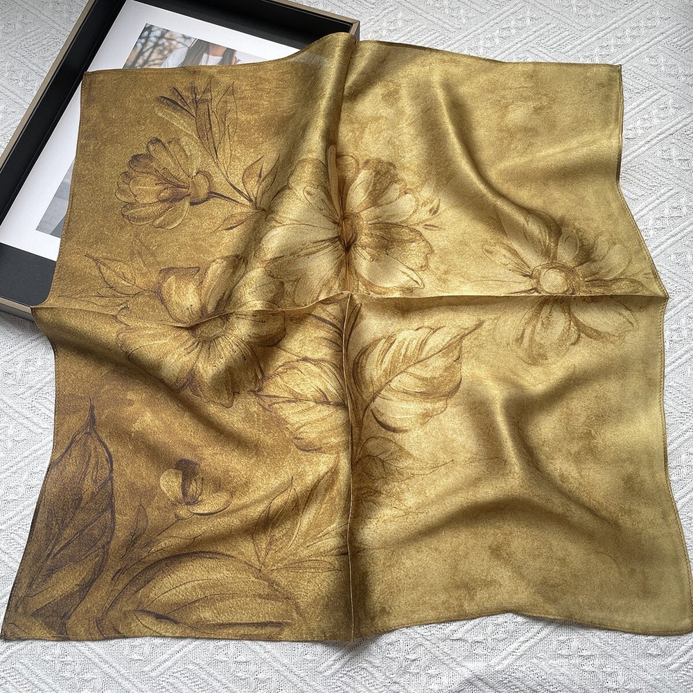 100% Silk 21-Inch Square Scarf for Women Floral Yellow Neckerchief Wrap or Turban  