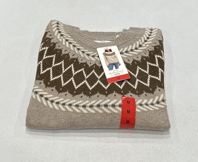 Weatherproof Vintage Women's Fairisle Ribbed Cuffs & Hem Sweater, Tan, Size M