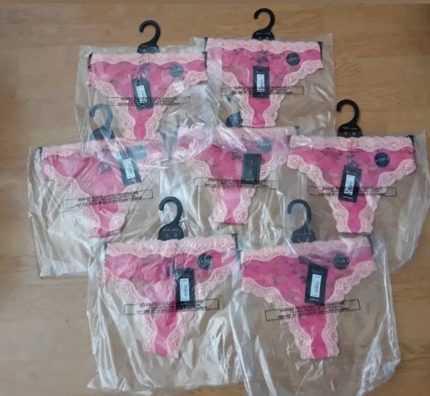 EX STORE NEW LOOK LADIES LACE PINK THONGS BRAND NEW WITH TAGS SIZE 6 PACK OF 7