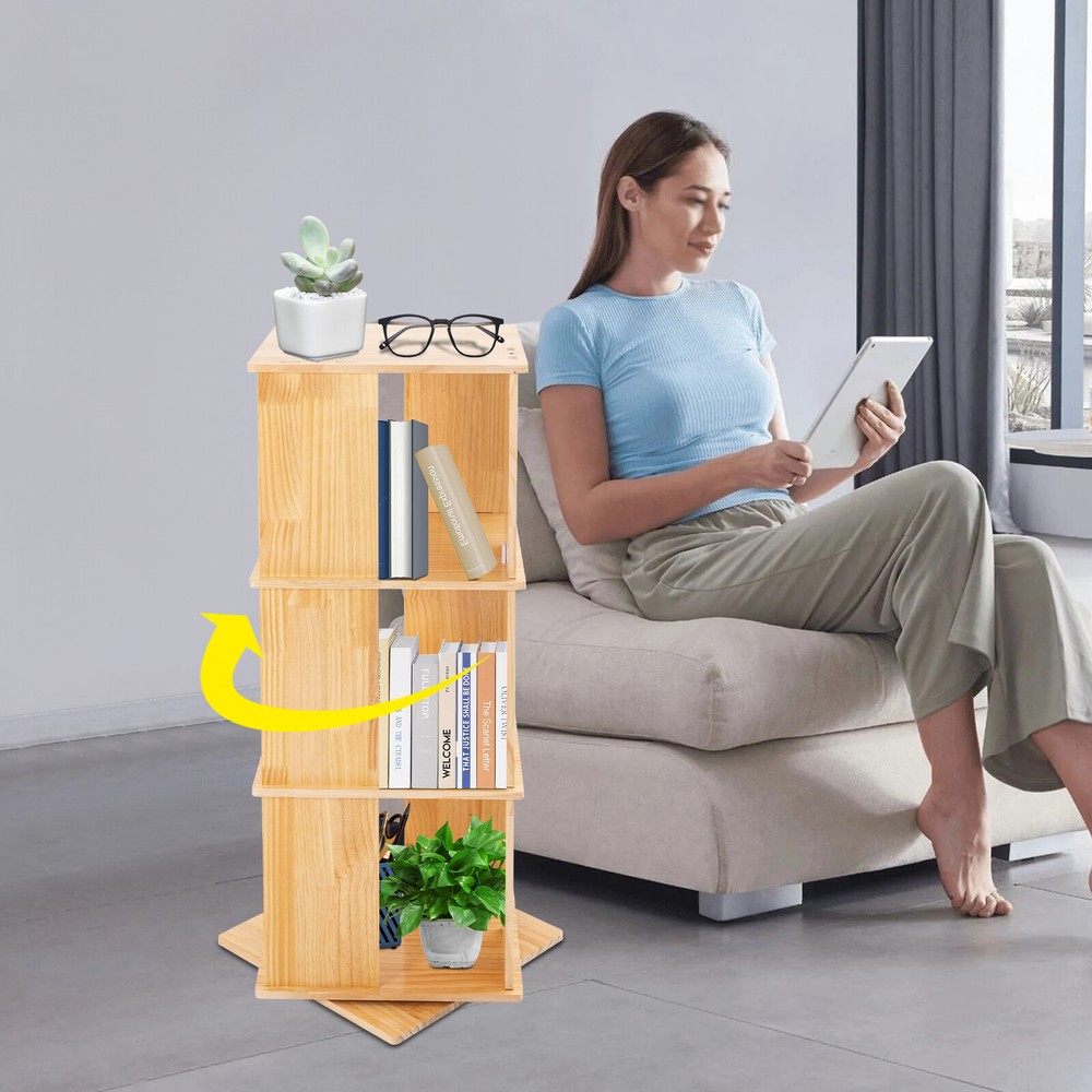 3-Tier 360° Rotating Wood Bookcase Floor Standing Storage Rack