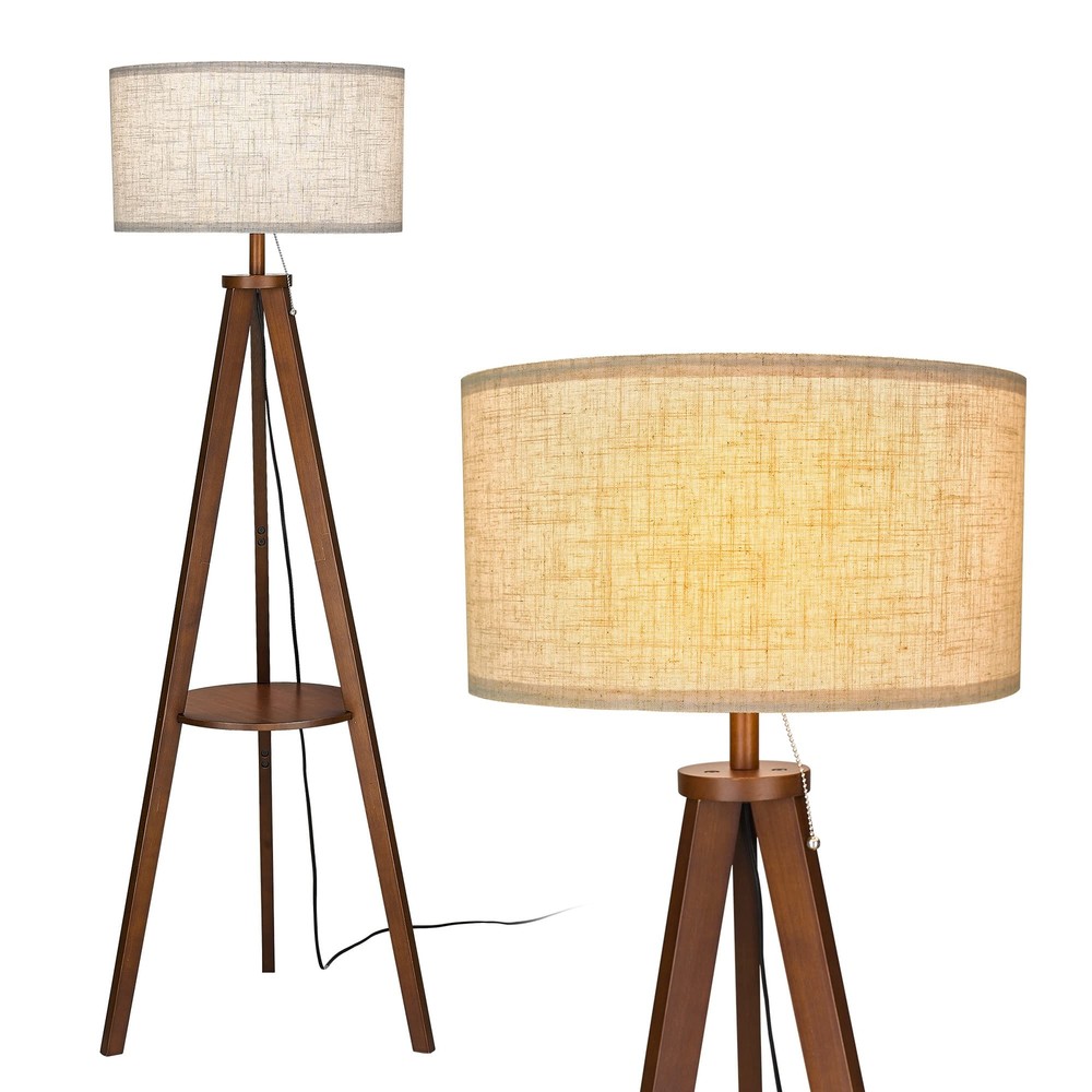 Solid Wood Tripod Floor Lamp, Tall Standing Light with Table, Mid Century Mod...