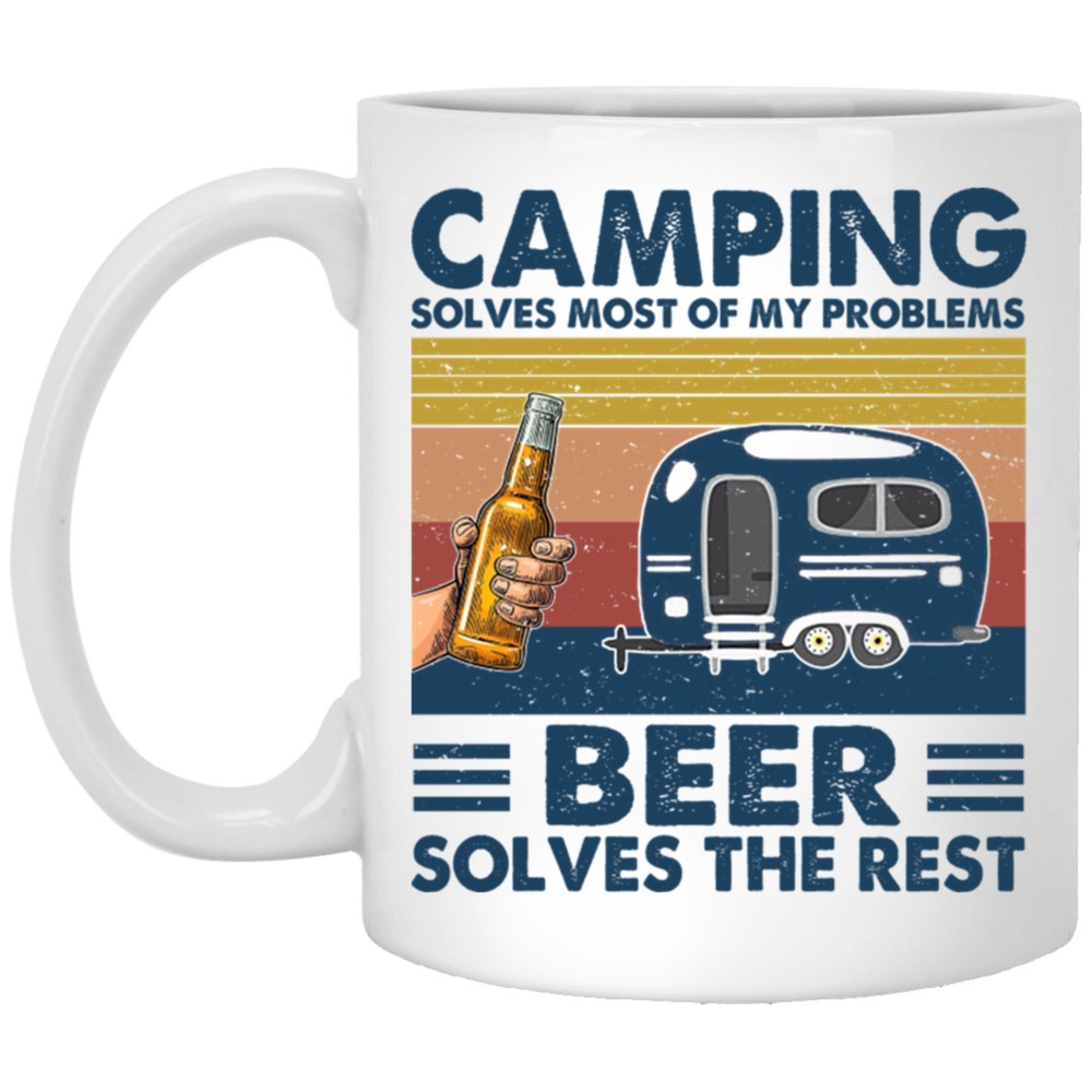 Funny Camping Beer Mug - Campfire Ceramic Cup Solves Problems  