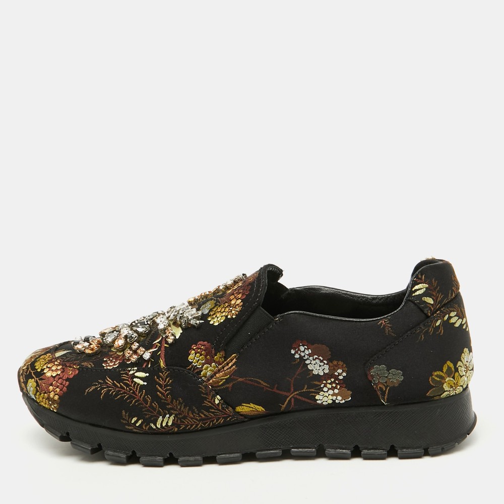 Prada Black Brocade Fabric Crystal Embellished Slip On Sneakers Size 37
