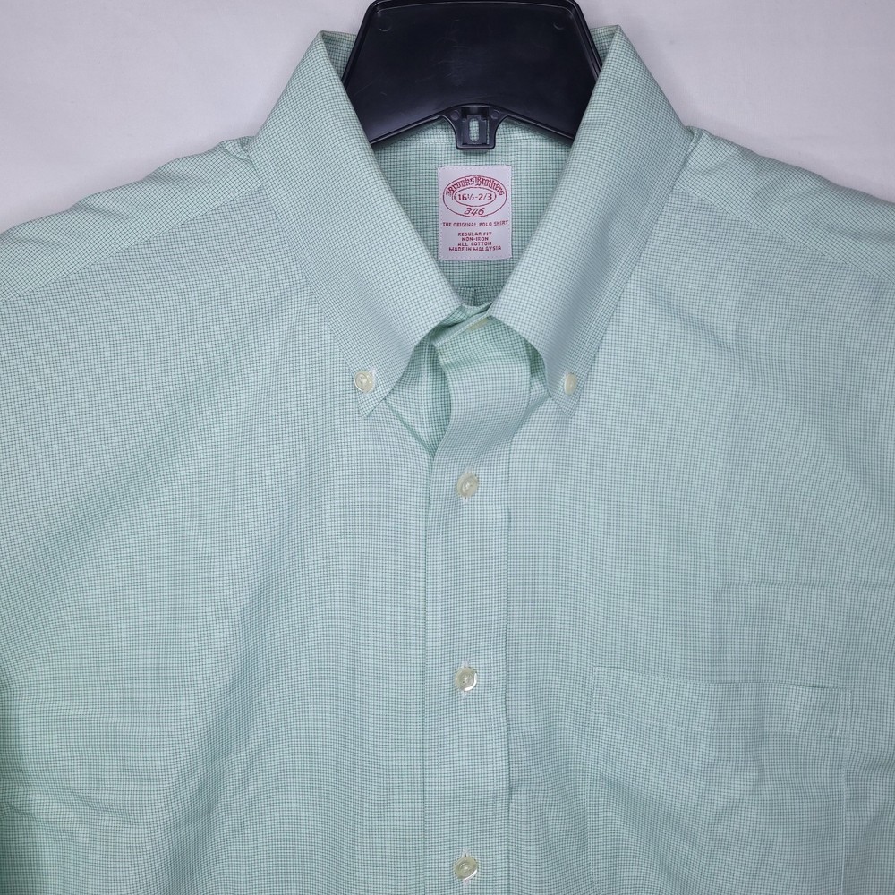 Brooks Brothers Dress Shirt Mens 16.5 Mini Check Green Non Iron 346