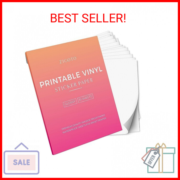 ZICOTO Premium Printable Vinyl Sticker Paper - Glossy White 8.5 x 11 inch Sheets