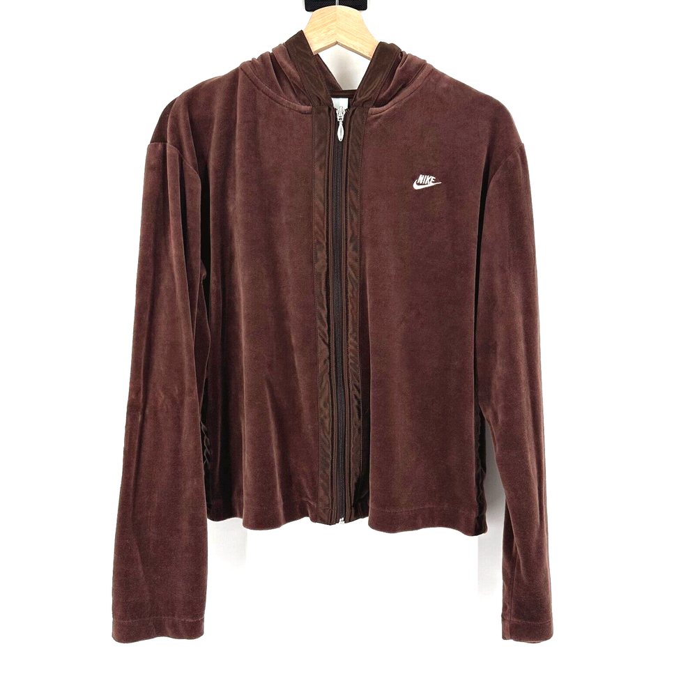 Nike Women Y2K Velour Zip Up Hoodie Size XL Swoosh Brown Retro Streetwear Sporty