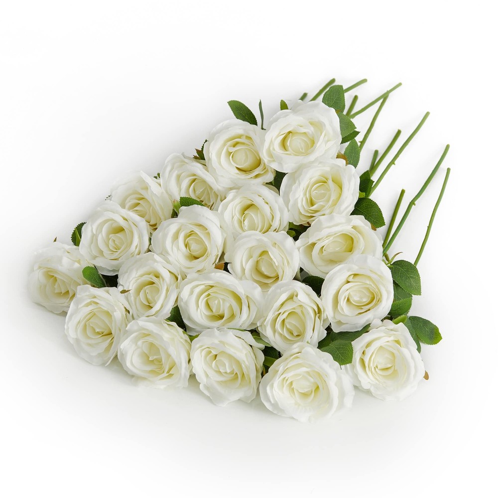 20PCS Artificial Flowers, Silk Flower Realistic Roses Bouquet Long Stem Fake ...