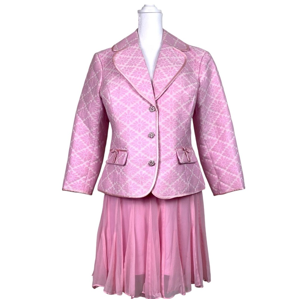 VINTAGE I.C.E. Women's Pink Brocade Jacket Sz 12 and Silk Skirt Sz 10