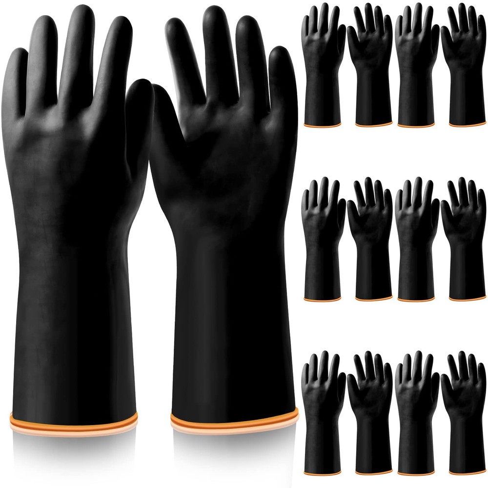 6 Pairs Heavy Duty Chemical Resistant Industrial Rubber Gloves Black for Cleaning