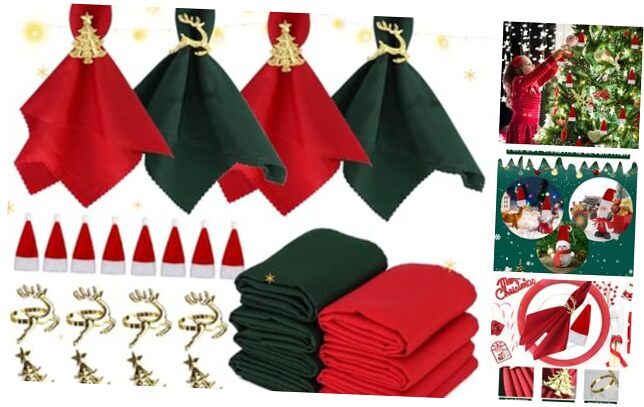 24 Pcs Christmas Napkin Rings Cloth Set, Includes 8 pcs Gold Napkin 24 pcs