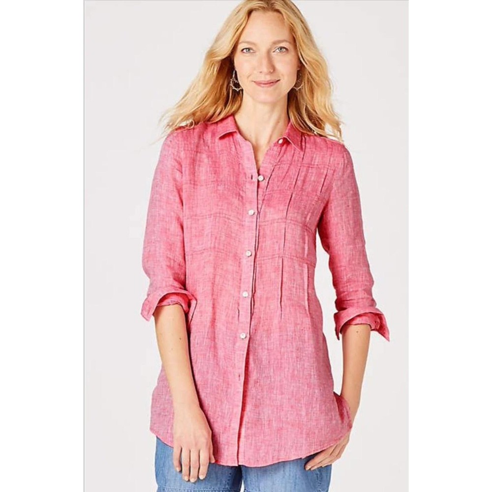 J.Jill Love Linen Pleated Tunic Shirt Womens 2X Pink Resort Weekend Natural Boho