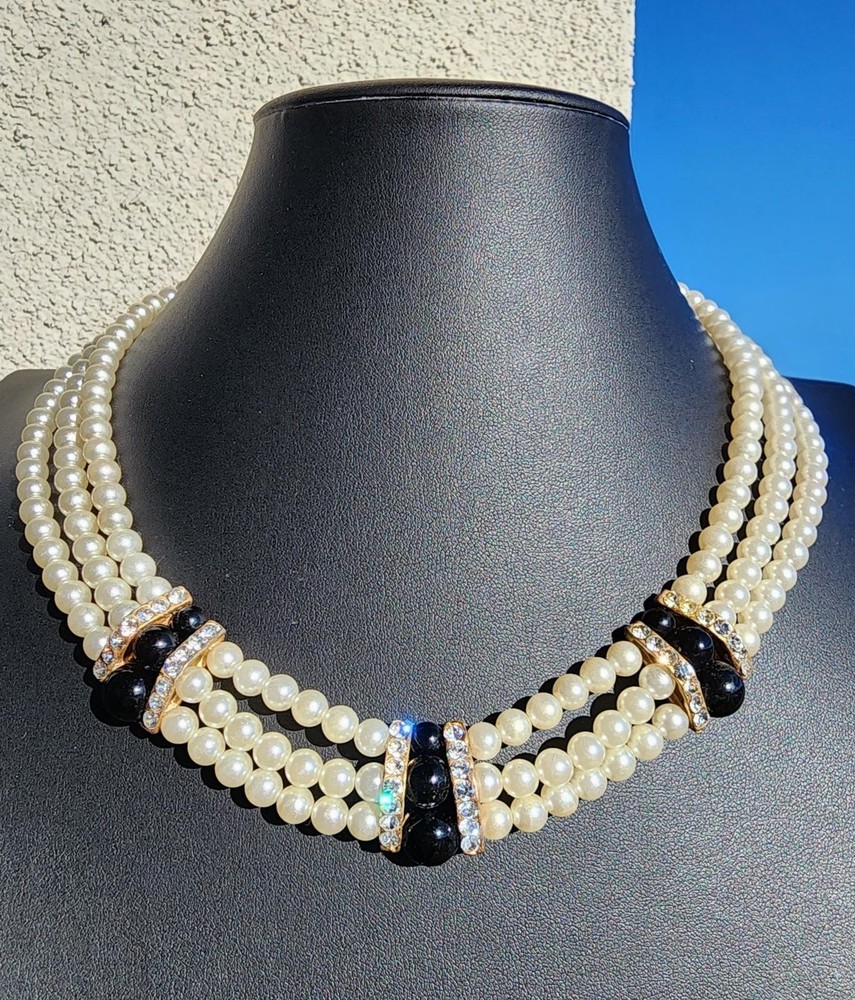 Triple Strand Pearl Necklace | Mid-Century Black Cabochon & Rhinestone Choker